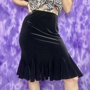 Black velvet flared ruffle hem midi skirt